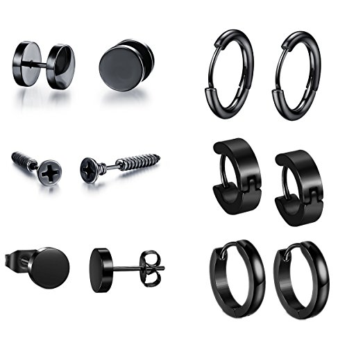 6 Pares de Acero Inoxidable Hombres espárragos Pendientes para Hombres Damas Pendientes de aro Negro Huggie Piercing Pendientes Pendientes Clip Pendientes