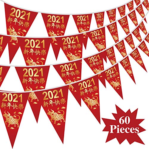 60 Banderas Banderines de Año Nuevo Chino Banderines Impermeables de Festival de Primavera de Año 2021 de Buey para Decoración Feliz Año Nuevo de Chino, 7,4 x 10,8 Pulgadas(5 Series)