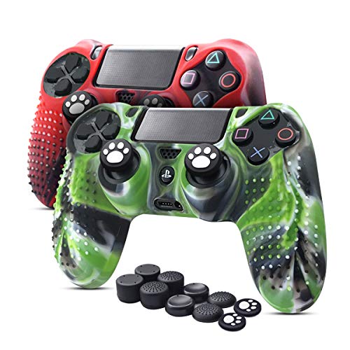 6amLifestyle Funda Protectora Antideslizante de Silicona para Mando PS4, Carcasa para Sony PS4 / PS4 Pro / PS4 Slim Controller (Rojo + Verde 2 Fundas de Mando PS4 + 10 Thumb Grips PS4)