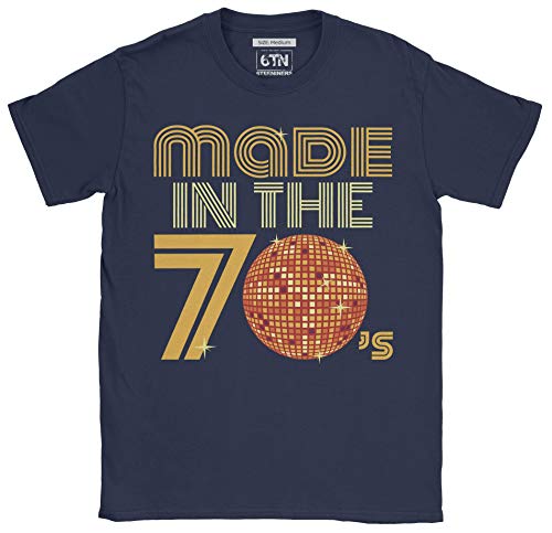 6TN Hombre Hecho en la Camiseta Retro de la Bola del Disco de los años 70 (L, Azul Marino)