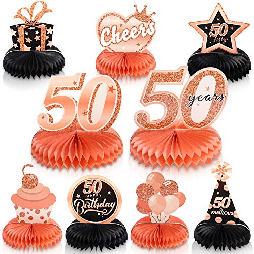 9 Piezas Centros de Mesa de Panal de 50 Cumpleaños de Oro Rosa Adornos de Mesa Happy 50th Birthday Decoraciones de Fiesta de Cumpleaños de 50 Años Favores de Fiesta de 50 Años