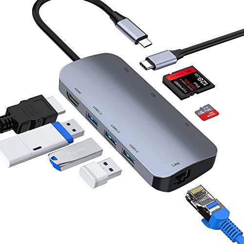 ABLEWE HUB USB C, 8 en 1 Adaptador USB C a hdmi 4K,USB 3.0 3 Puertos,Lector Tarjetas SD/TF,Puerto Gigabit Ethernet,87 Power Delivery Carga,Type C Hub Compatible para MacBook,MacBook Pro,Chromebook