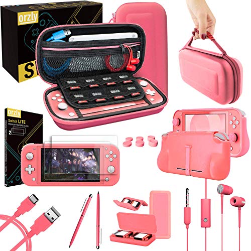 Accesorios para Nintendo Switch Lite – Pack Incluye: Protectores de Pantalla & Funda para Switch Lite Consola, Funda Comfort Grip, Cable USB, Auriculares y más. (Coral)