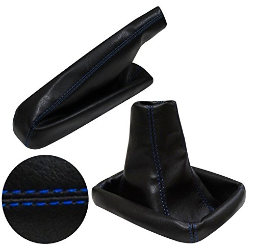 AERZETIX: Funda para palanca de cambios y freno de mano de piel sintética negro con costuras azul AERZETIX: Funda para palanca de cambios y freno de mano de piel sintética negro con costuras azul