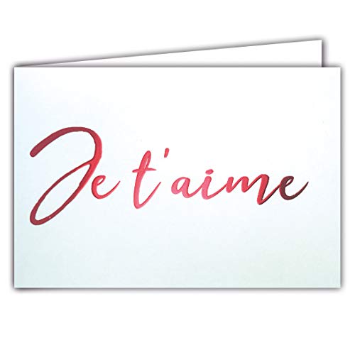 Afie 68-1215 - Tarjeta con texto"Je T'aime", color rojo brillante sobre fondo blanco; viene con sobre, formato tarjeta cerrada 17 x 11,5 cm