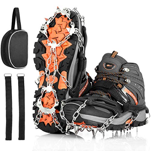 AGPTEK 19 Puntas Crampones Antideslizante, Crampones Nieve Hielo de Acero Inoxidable con Cinta Adhesiva y Bolsas, para Hombre y Mujer, L (40-44)