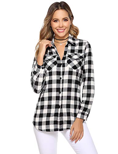 Aibrou Camisa de Cuadros para Mujer,Algodón Blusas Franela de Manga Larga Casual Clásica con Botones,Camisas a Cuadras para Primavera Otoño Invierno (Negro Blanco 2, XXL)