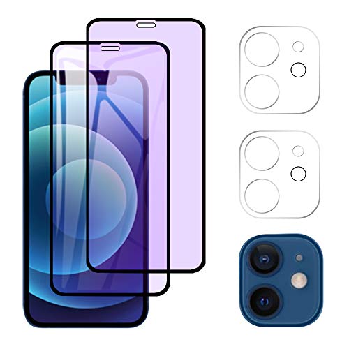 AiMok [2+2 Piezas] Anti luz Azu Cristal Templado Compatible con iPhone 12 6.1" + Cámara Protector de Pantalla [Dureza 9H ] [Protección para los Ojos] [Cobertura Completa] Bloquear la luz azul dañina