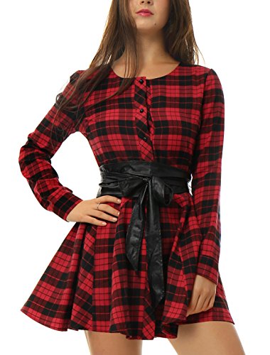 Allegra K Vestido Acampanado De Cuadros Mangas Largas con Cinturón Vestido Mini Camisero para Mujer Navidad Día De Los Reyes Magos Negro y Rojo S Allegra K Vestido Acampanado De Cuadros Mangas Largas con Cinturón Vestido Mini Camisero para Mujer Navidad Día De Los Reyes Magos Negro y Rojo S