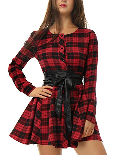 Allegra K Vestido Acampanado De Cuadros Mangas Largas con Cinturón Vestido Mini Camisero para Mujer Navidad Día De Los Reyes Magos Negro y Rojo S