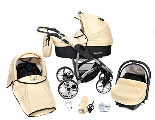 ALLIVIO, 3-in-1 Travel System with Baby Pram, Car Seat, Pushchair & Accessories (3in1 Travel System -Baby tub, Sport seat, Car seat, Black & Beige)