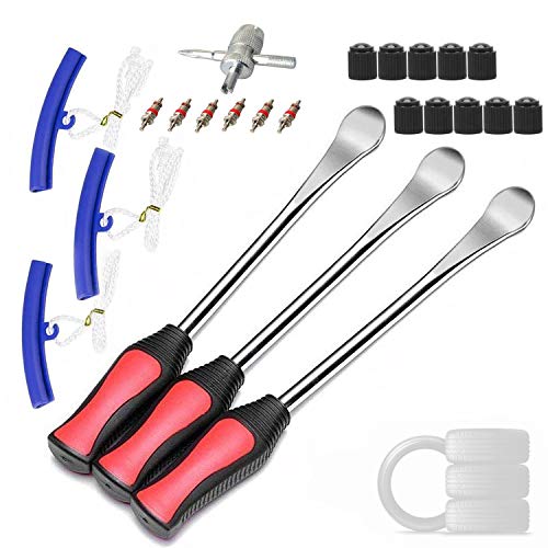 ANGNYA Desmontadores de Neumático Kits 29 cm, Palanca de Neumático de Moto, 3 Pcs Palancas de Neumáticos con 3 Protectores de llanta, 1 núcleo de válvula y 10 Tapas de neumáticos