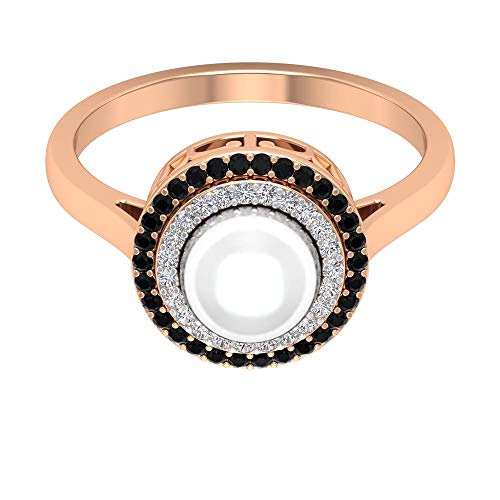 Anillo de boda con solitario de perlas certificadas de 3 quilates, anillo de novia de diamante negro de 0,18 quilates, 10K Oro rosa, Size:EU 55