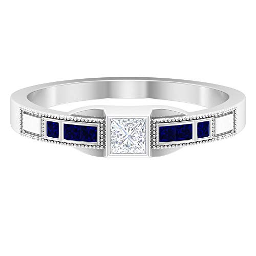 Anillo de diamante de corte princesa de 3 x 3 mm, diamante HI-SI y zafiro azul, anillo solitario con piedras laterales, anillo milgrain de oro (calidad AAA), oro de 10 quilates azul