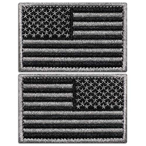Anley Tactical USA Flag Patches Set - 2 Pack (Forward & Reversed) 2"x 3" Black & Gray American Flag Military Uniform Emblem Patch - Loop & Hook Fasteners Attach to Tactical Hats and Gears