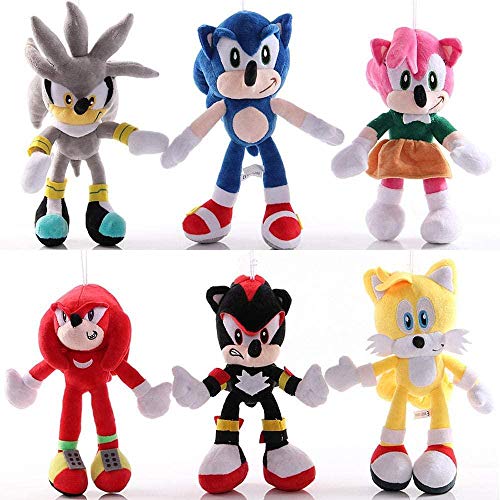 ANWEN Cute Super Sonic Hedgehog Plush Soft 25cm Shadow The Hedgehog PP Plush Stuffed Kids Adultos Cumpleaños Negro-Conjunto de 6 Piezas