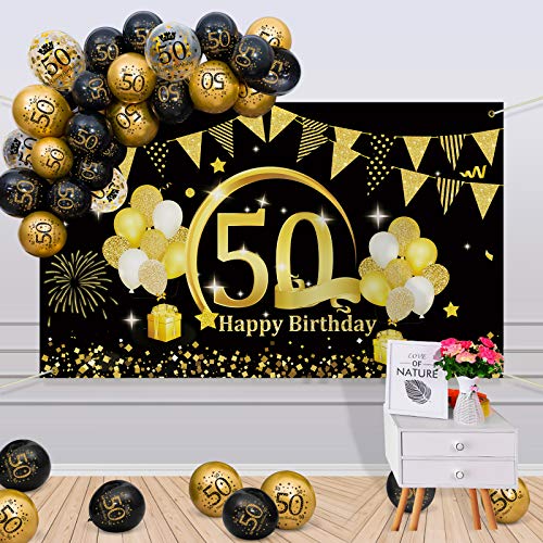 APERIL 50 Años Decoración de Cumpleaños Oro Negro, Globos de Cumpleaños Hombre Mujer, Póster de Tela Globos Negros Oro Globos de Confeti para 50 Feliz Cumpleaños Pancarta de Fondo 50 Cumpleaños