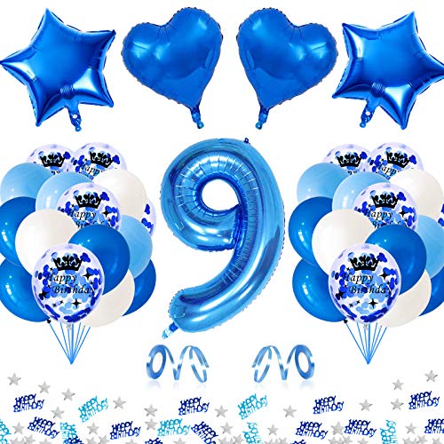 APERIL Globo de Cumpleaños 9 Años, Azul Gigante Globos Numeros 9, 9 Cumpleaños Decoración Niño, Globos de Confeti Globo Azules Blancos e Confeti Fiesta Cumpleaños para Niño Cumpleaños Aniversario