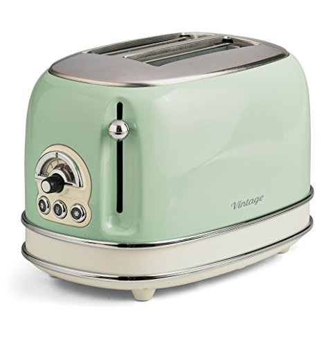 ARIETE 155/14 Tostador 2 ranuras anchas, vintage, 6 posiciones, función descongelar, recalentar, cancelar, paredes frías, pies antideslizante, recogecable, 810 W color verde ARIETE 155/14 Tostador 2 ranuras anchas, vintage, 6 posiciones, función descongelar, recalentar, cancelar, paredes frías, pies antideslizante, recogecable, 810 W color verde