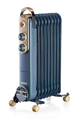 Ariete 838 - Radiador de aceite vintage con 9 elementos calefactores, 3 niveles de potencia, asa para fácil transporte, máx. 2000 W, color azul claro Ariete 838 - Radiador de aceite vintage con 9 elementos calefactores, 3 niveles de potencia, asa para fácil transporte, máx. 2000 W, color azul claro