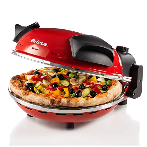 Ariete 909 - Mini horno para pizza en 4 minutos, 1200 W, 5 niveles temperatura, diámetro 33 cm, regulador de tiempo 30 minutos y temperatura, indicador luminosos encendido/apagado, color rojo negro