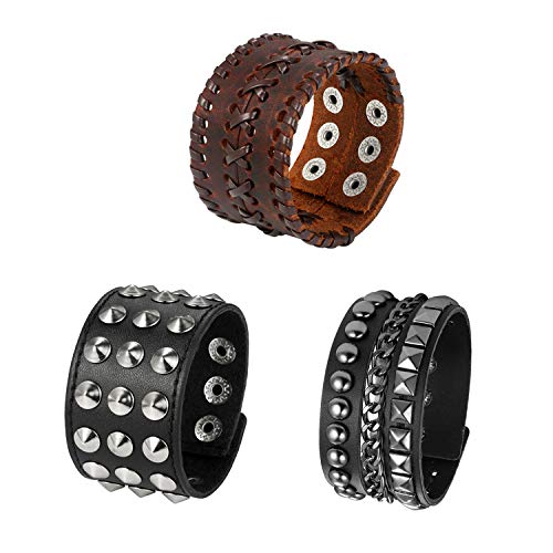 Aroncent Pulsera Gótica Punk para Hombre Mujer Unisex Brazalete Trenzado Ancho de Cuero PU con Anillos Pulsera Remache de Ciclismo de Estilo Steampunk Moda Diseño Ajustable 3 Pcs Sets Conjuntos