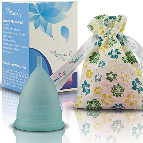 Athena Copa Menstrual – La copa menstrual más recomendada - Incluye una bolsa de regalo - Talla 2, Azul transparente - ¡Ausencia de pérdidas garantizada!