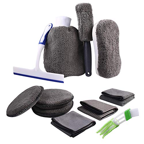 ATUTEN 11 Piezas Set Limpieza Coche Herramientas Kit de Lavado de Autos para Cuidado Coche (3 Paños, 3 Almohadillas para Vaho, Cepillo para Llantas, Enjugador, Cepillo de Limpieza, Guante, Esponja)