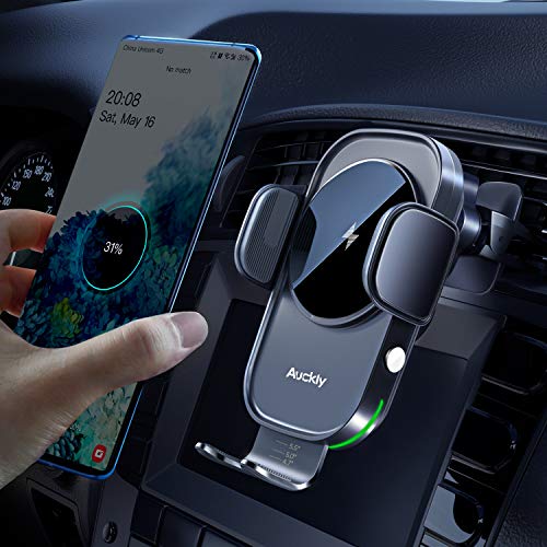 Auckly Qi 15W Cargador Inalámbrico Coche,Wireless Car Charger Soporte con Bloqueo Automático Rápida Salida de Aire para iPhone 12 Pro MAX Mini 11/XS MAX/XR/8/7,Galaxy S20/S10/P20 Note 9/S9 y Otros