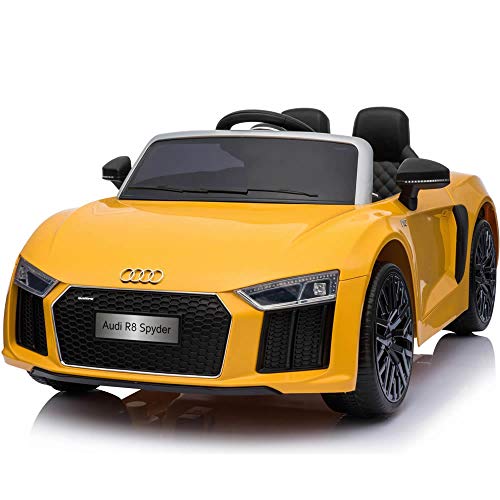 Audi R8 SPYDER (MINI) 12 V coche para niños con mando a distancia, color amarillo, puertas abiertas, MP3 + conexiones USB, mando a distancia 2.4 G - SMARTPLAYZONE