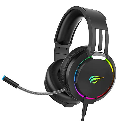 Auriculares Gaming PS4 HAVIT Iluminación RGB Cascos Gaming Sonido Envolvente, Controlador de 50MM y micrófono con reducción de Ruido para Xbox One/PC/Móvil （2010d,Negro）