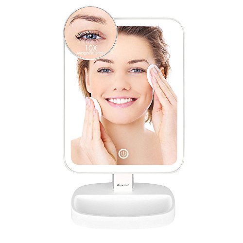 Auxmir Espejo Maquillaje con Luz LED Aumento 1X/10X, Espejo Cosmético Iluminado de Mesa,180 Rotación, Brillo Adjustable Recargable USB con Pilas, Afeitado y Maquillaje, Cuadrado Blanco