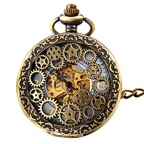 avaner Plateado Envejecido Steampunk Esqueleto número Romano Medio Cazador Caso Mano Viento mecánico Reloj de Bolsillo Collar (modelo6), Regalos Dia del Padre Originales