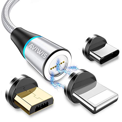 AVIWIS Cable USB Magnético, Multi 3 en 1 Cable Magnetic de Carga Cargador Iman con Adaptador Micro USB Tipo C IP Compatible con Android Galaxy, Xiaomi, Huawei, Honor (2M, Plata)