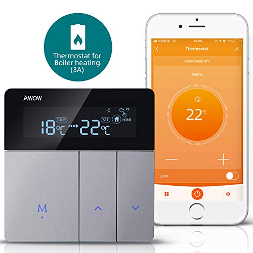 AWOW Termostato WiFi para Caldera de Gas y Agua, Termostato Inteligente Programable con Pantalla LCD, Control Remoto de Smartphone, Compatible con Alexa/Google Home AC220 V 3 A AWOW Termostato WiFi para Caldera de Gas y Agua, Termostato Inteligente Programable con Pantalla LCD, Control Remoto de Smartphone, Compatible con Alexa/Google Home AC220 V 3 A