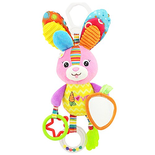 Baby juguete, Niño Juguete Peluche Sonajero con anillos para morder, agarre y crepitar de papel, espejo para bebés Niños Pequeños a partir de 0 Mes (Parejita de conejo)
