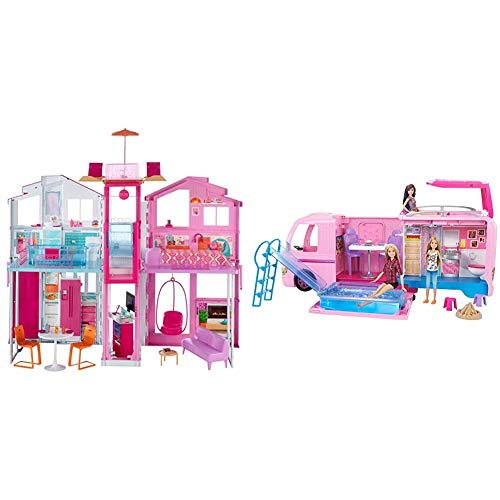 Barbie - Supercasa - casa muñecas, Regalo para niñas y niños 3-9 años (Mattel DLY32) + Supercaravana de Barbie - Autocaravana barbie - (Mattel FBR34)