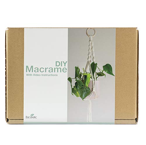 Bazeelic Kit Manualidades Macrame DIY para Adultos Principiantes con Instrucciones en Video para Hacer Macetero Colgante - Incluye Cuerda Algodón 4mm, Gancho de Acero, Aro de Madera e Instrucciones