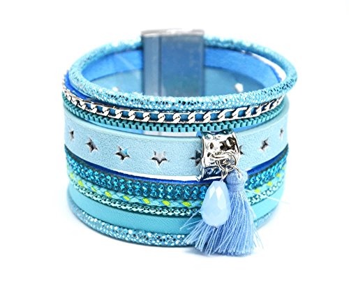BC1536M-Pulsera volantes varias vueltas de piel sintética, diseño de estrellas y adornos brillantes incluye cadenas de perla y pompón, color azul con diseño de moda