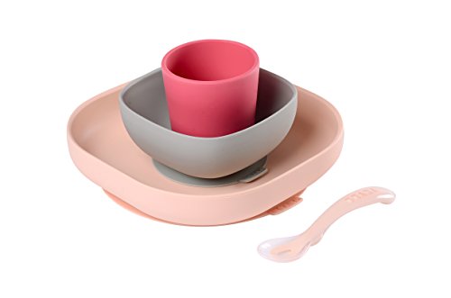 Béaba Juego de Vajilla en Silicona Infantil Ventosa resistente Set de 4 Piezas para bebé Plato más de Bol más de Taza más de Cuchara ADECUADA CALIDAD Accesorios para el Aprendizaje de bebé Rosa