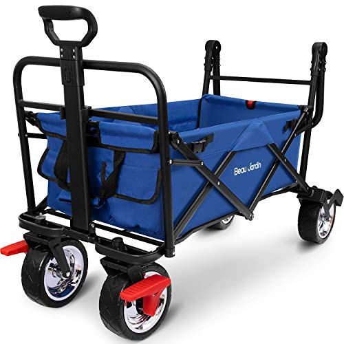 BEAU JARDIN Carretillas de Carro Plegable con Freno con Carro Plegable de Mano Carro Transporte para jardín Carro para Playa Carga hasta 80kg Azul