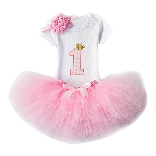 Bebé Niña Vestido Cumpleaños 3pcs Corona Patrón de Primer/Segundo Cumpleaños para Vestido de Tutú Flores/Rosa/1años