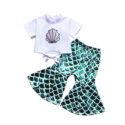 Bebé Niñas Ropa Pequeña Sirena Custome Halloween Cumpleaños Trajes Conchas Impresiones T Shirt Bell Bottom Pants Sets - verde - 12 -18 meses