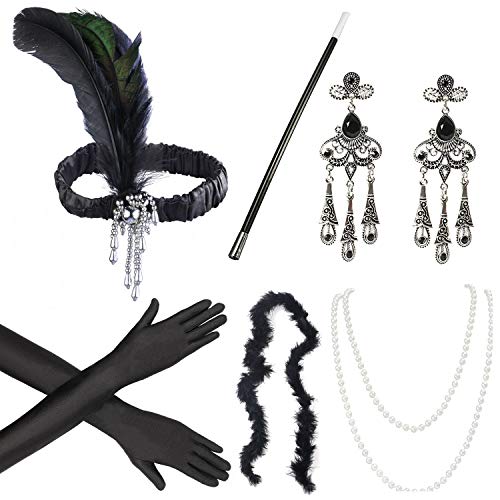 Beelittle 1920s Accesorios Set Diadema, Collar, Guantes, Porta-Cigarrillos Great Gatsby Disfraces Set para Mujeres (N)