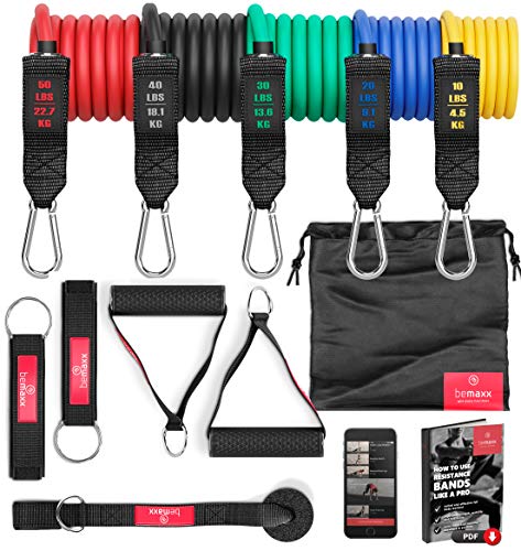 BeMaxx Juego de Bandas de Resistencia elásticas + guía de Ejercicios – Cintas Profesionales: 5 Tubos de látex + Tobillera, Anclaje para Puerta & Asas | Fitness, Gimnasio, Crossfit, Culturismo BeMaxx Juego de Bandas de Resistencia elásticas + guía de Ejercicios – Cintas Profesionales: 5 Tubos de látex + Tobillera, Anclaje para Puerta & Asas | Fitness, Gimnasio, Crossfit, Culturismo