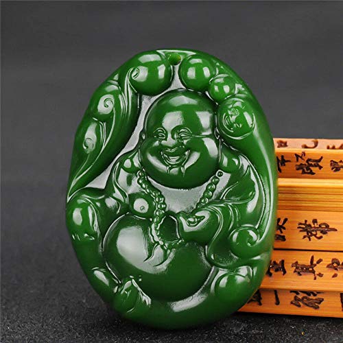 BENGKUI Escultura,Certificado Natural Hetian Jade Jasper Maitreya Buda Feliz Buda Verde Jade Tallado Collar Colgante