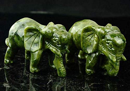 BENGKUI Escultura,Coleccionable Exquisito Chino Natural Verde Jade Tallado Animales Elefantes Longevidad Auspiciosa Estatua Un Par