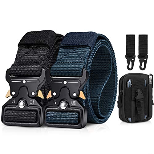 BESTKEE Cinturón táctico para hombres 1.5 pulgadas, estilo militar Cinturón con hebilla con cierre rápido de hebilla de metal, regalo con bolsa táctica Molle y gancho (Negro + Azul)