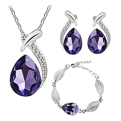 Beuya Mujer Conjunto de Joyas de Cristal Pendientes, Pulsera y Collar Colgante, Señoras Boda Fiesta decoración cumpleaños Regalo (Morado)