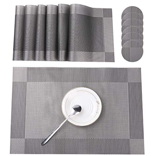 BEYAOBN Manteles Individuales,Juego de12 Lavables Salvamantele Individuales und posavasos PVC Antideslizantes Resistente al Calor Antideslizante Fácil de Limpiar y Impermeable 45x30 CM(Plateado Gris)